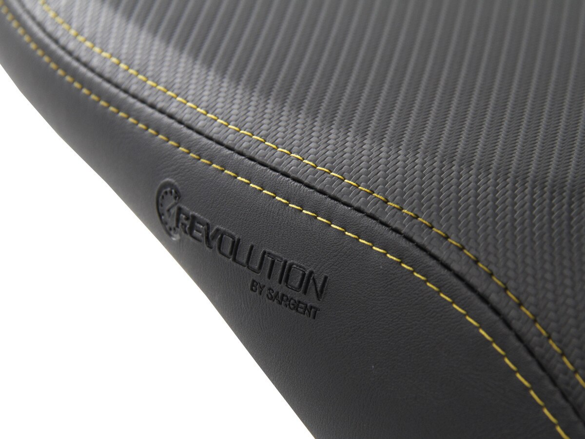 Detail of yellow double-stitch on the BMW R12GSA Rallye REVolution Seat.